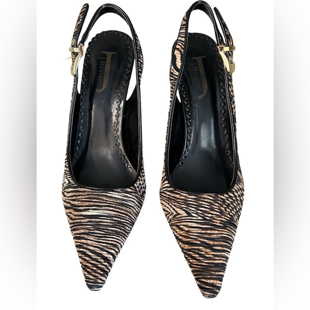 NWOT J Renee Tiger Print Black/BrownTan Pleated Fabric Slingback Heels Size 9 - Picture 2 of 14